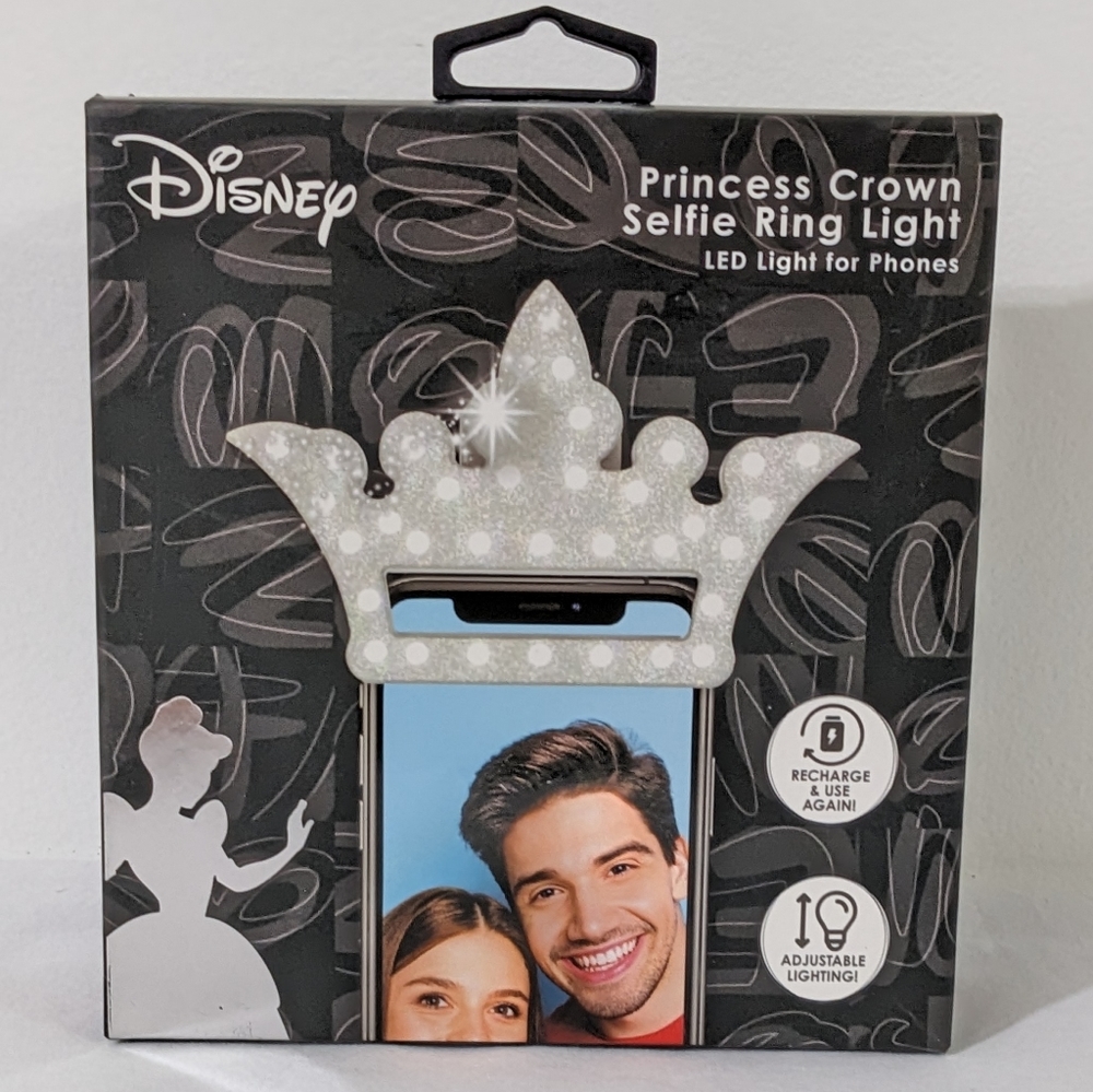 Disney Princess Crown Selfie Ring Light, Clip On Selfie Light, Rechargeable, NEW